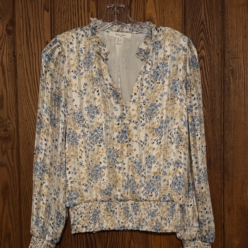 Hannah Blue and Cream Floral V-Neck Ruffle Blouse